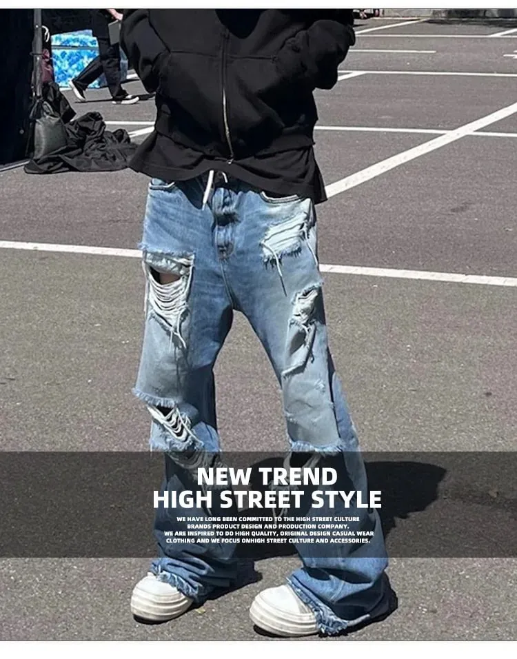 Unisex Wide Leg Flared Jeans Torn Hole Cut with Cat Whisker Fringe Blue for Men And Women ZJ014