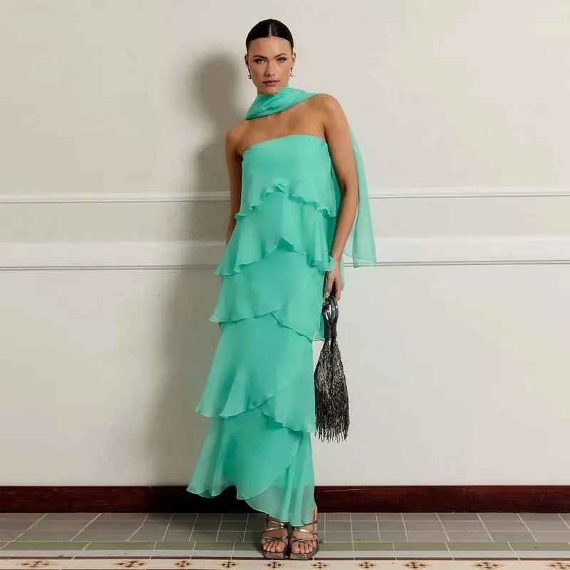 Cetak Bunga Potongan Leher Halter Gaun Maxi Berperingkat Ruffle Tanpa Lengan 2026 Musim Panas Wanita Pakaian Percutian Fesyen Boho Wanita Vestido