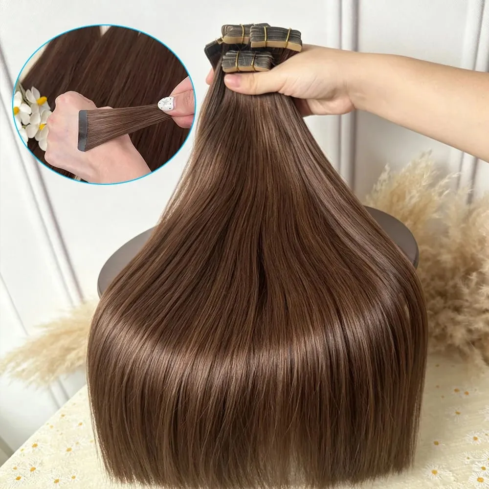 100% Human Hair Tape In Hair Extensions Straight 21pcs/pack Color Adhesive Replaceable Seamless Skin Weft brown Tape For Women
