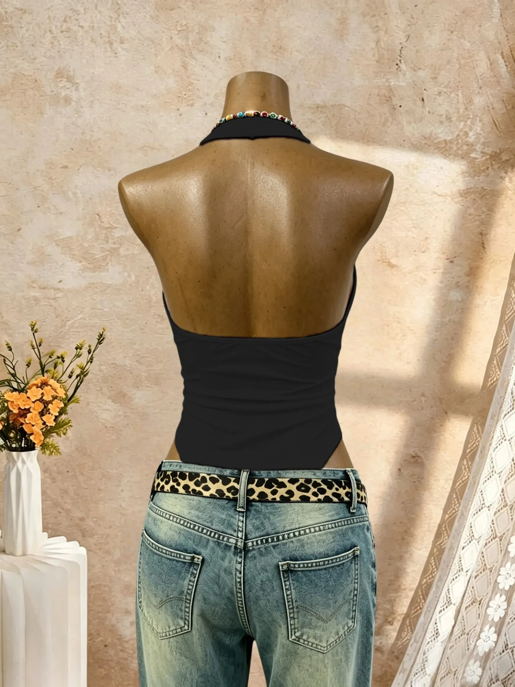 Women Halter Deep V Neck Bodysuit Solid Color Sleeveless Ruched Front Slim Fit Basic Jumpsuit Tank Top