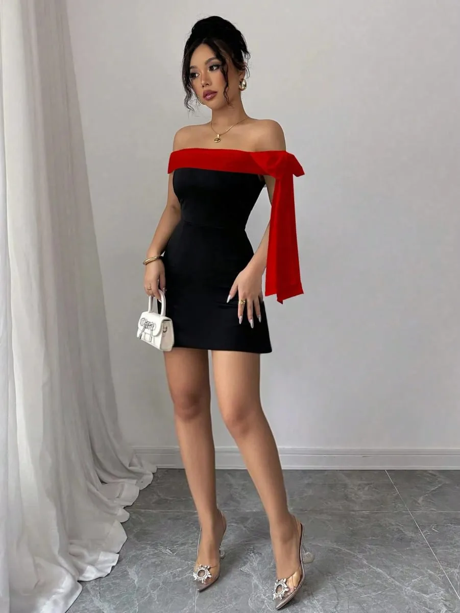 Women Off Shoulder Mini Dress Red Big Bow Spliced Bodycon Short Dresses Elegant Slim Fit Black Little Dress Night Club Party Birthday Outfits Evening Gown