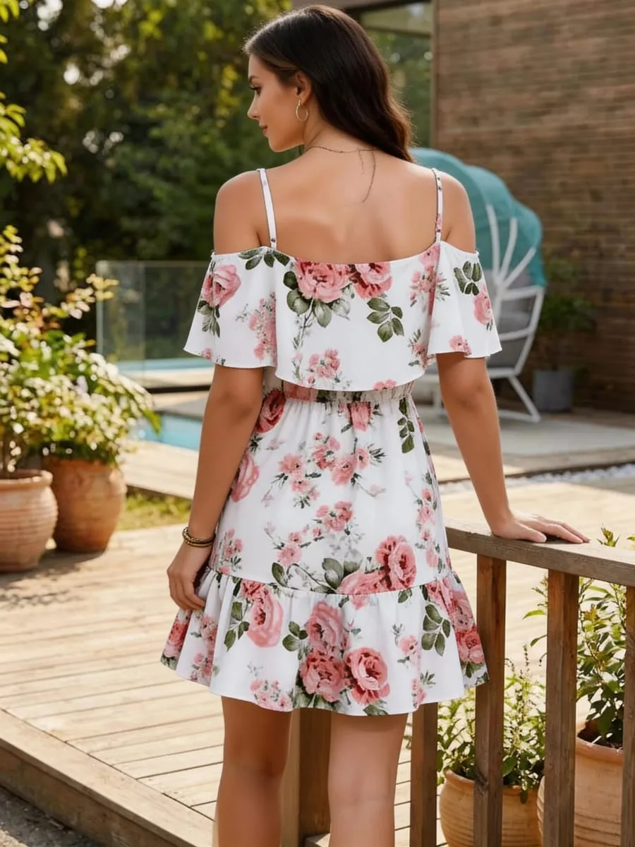 Women's European-Style Floral Print Dress Sleeveless Halter Top with Ruffled Edges Short Skirt for Summer