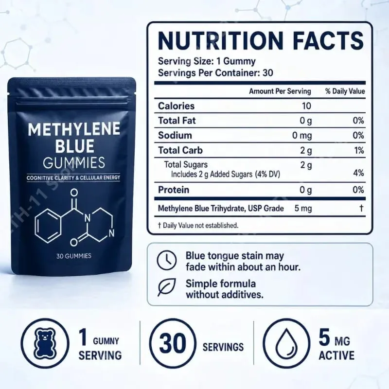 Methylene Blue Compound Gummies 5mg 30/60 Ct Blueberry Flavor for Sustained Energy Mental Clarity & Mood Cellular Support