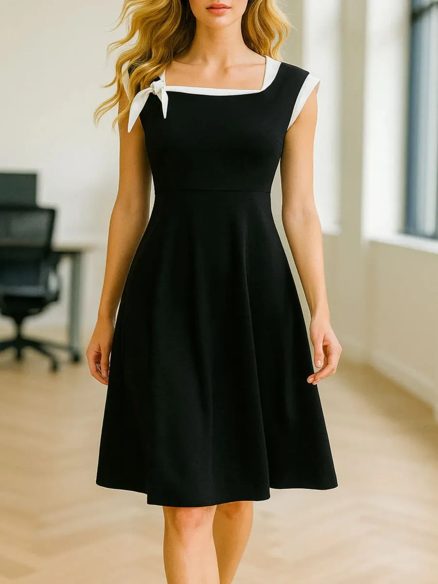 Womens Sleeveless Elegant Summer Work Office A-Line Black Tie Up Business Casual Party Slim Fit And Flare Swing Dress