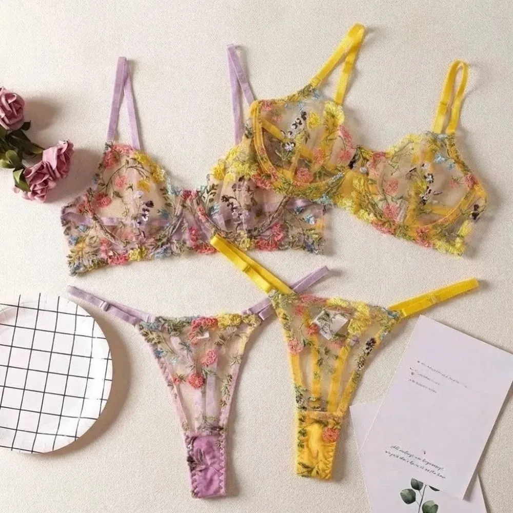 2-Piece Fashion Floral Lingerie Set Sheer Embroidery Underwear Intimates Underwire Push-up Versatile Bra Panty Set For Lady Girl