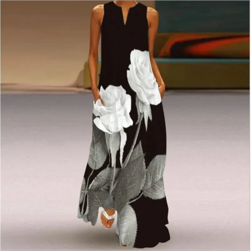 Women Dresses 2026 New summer wear sleeveless long dress V-neck printed emerald flower dress women's clothing vestidoes