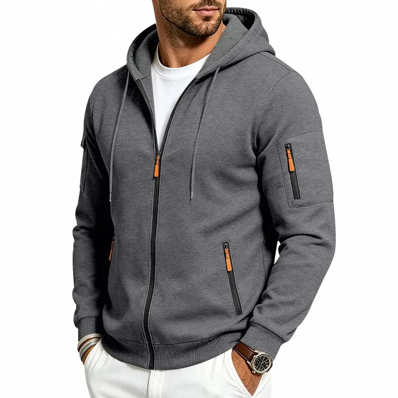Men's Heavyweight Full Zip Hoodie Autumn Winter Casual Outdoor Hooded Sweatshirt Multi‑Pocket Drawstring Loose Fit Sports Jacket