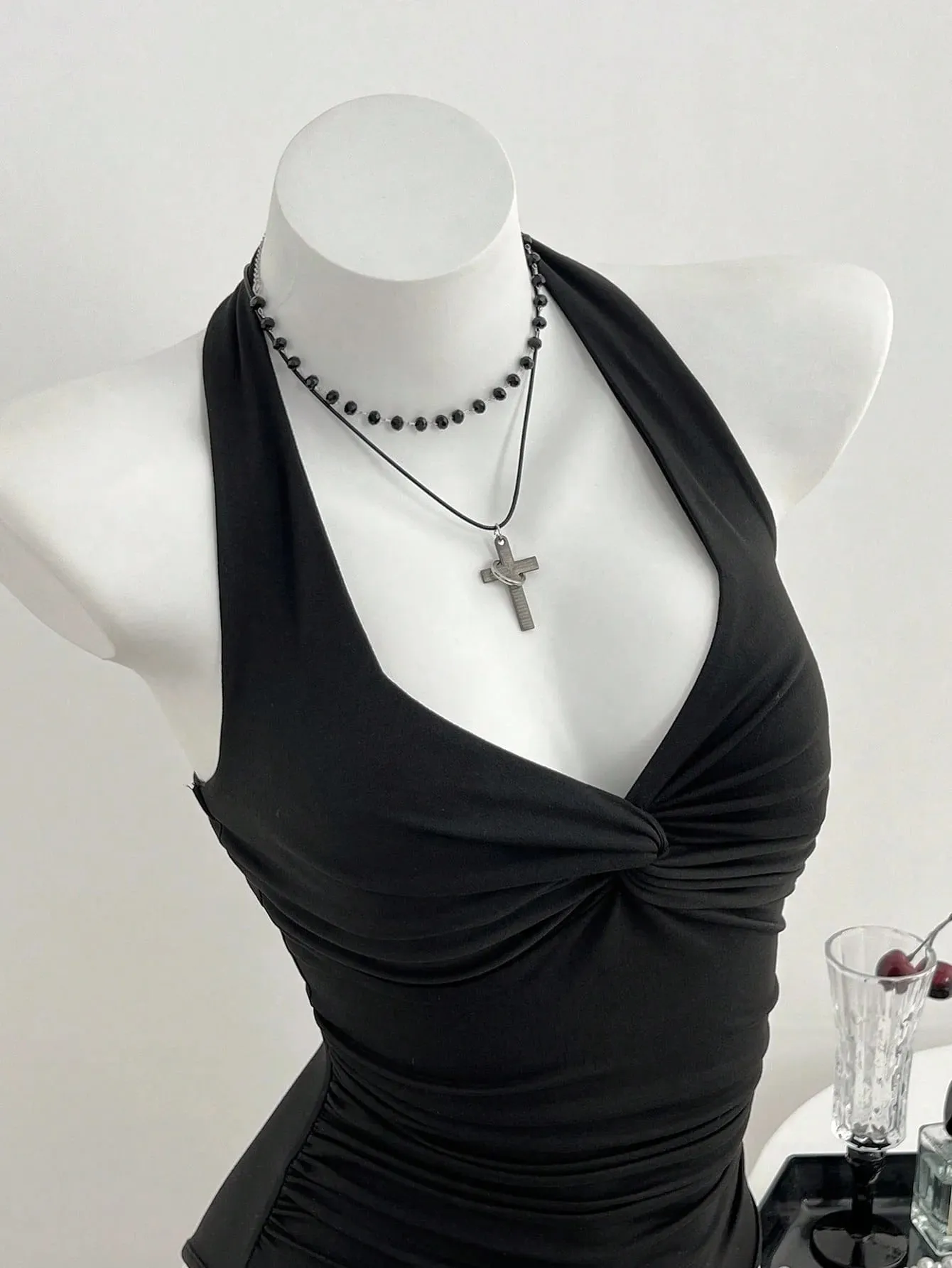 Women Halter Deep V Front Twist Knot Ruched Waist Bodysuit Solid Black Sleeveless Slim Fit Y2K Basic Jumpsuit Top