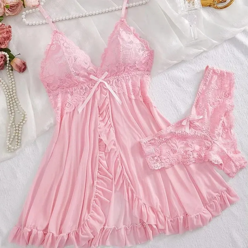 2 Pcs Women Lace Nightgown Set Deep V Neck Bra Panties Transparent Solid Slim Soft Split Nightdress Lingerie