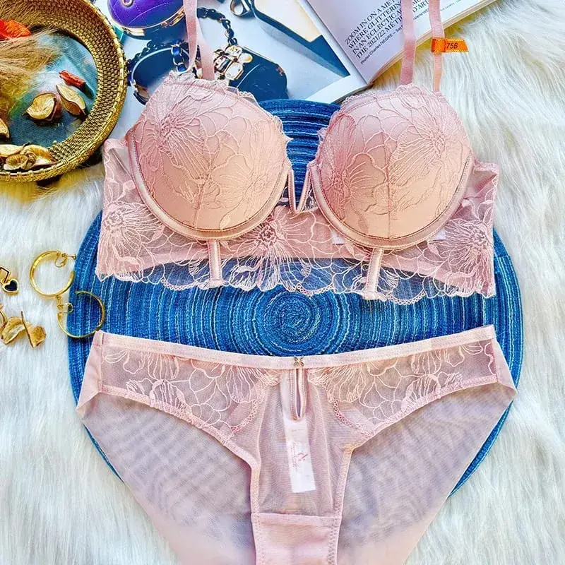 Women Sexy Lace Bra Set Embroidery Lingerie Padded Push Up Bra and Panty Set Elegant Ladies Daily Underwear