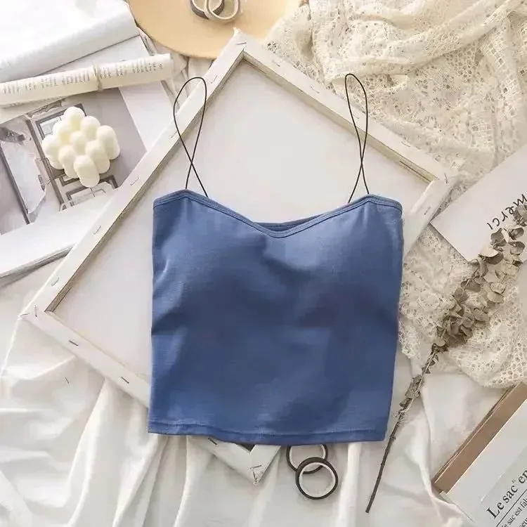 Atasan Vest Musim Panas Wanita Tanpa Lengan Kapas Atas Tiub Berbalut Tapak Rompi Atasan dengan Pad Payudara Atasan Anjal Lembut Yang Boleh Ditanggalkan Lancar