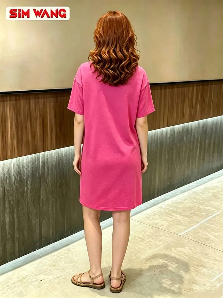 Loose Casual Fuchsia Short-Sleeve Dress European & American Style Women's Summer Apparel for Export