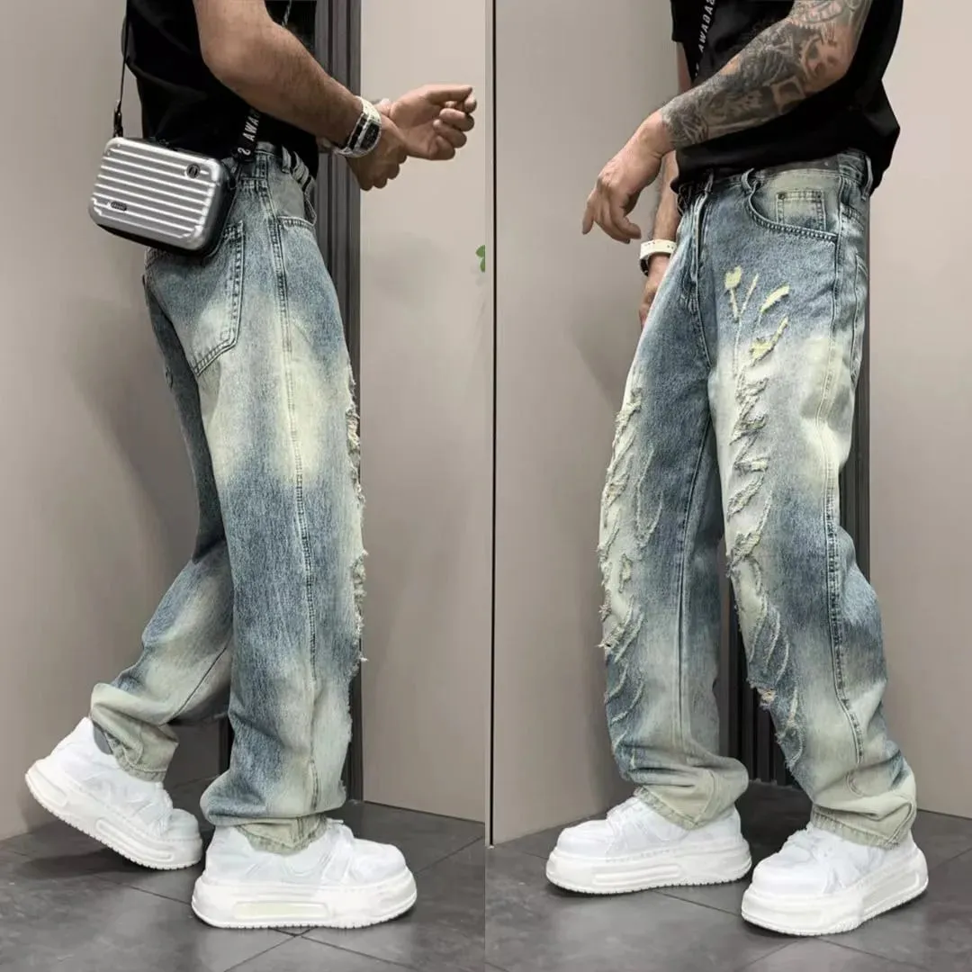 Men's Jeans Man Pants Classic Straight Fit Faded Ripped Jeans Denim Trouser Casual Loose Slim Stylish Street Retro Blue
