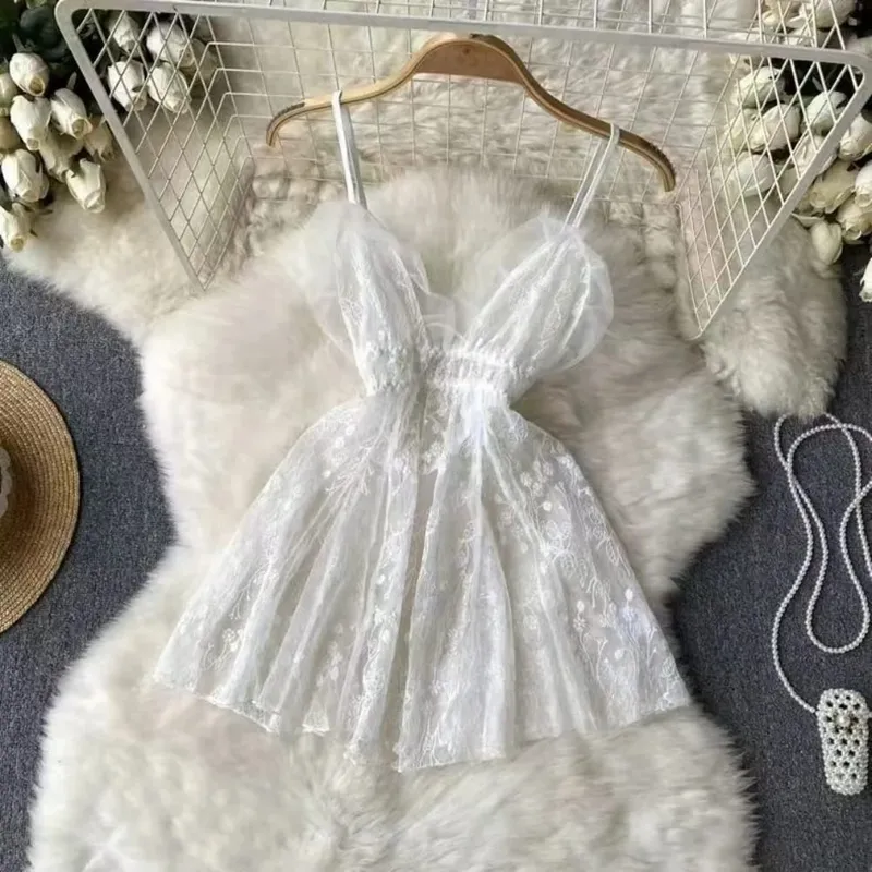 Women Sensual Lace Dress Women V-Neck Open crotch Slim Comfortable Dress Fashion Breathable Sheer Mesh Short Dress New