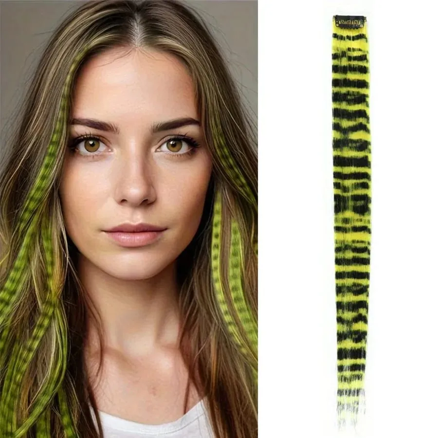 Stripe Printed Clip in Hair Extensions Colorful Synthetic Hair Highlights 18 Inches Straight Wig Hairpieces for Daily Use Party