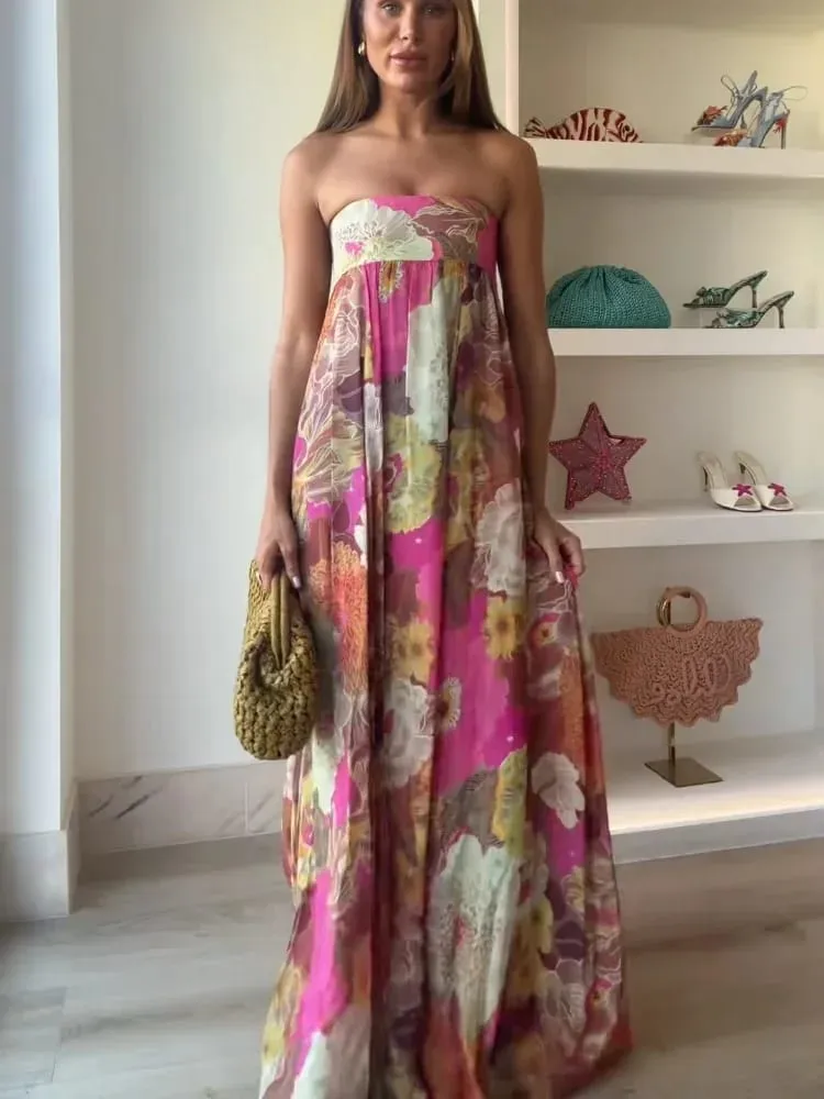 Women Fashion Printed Strapless Maxi Dress Elegant Off Shoulder Backless Sleeveless High Waist Gown Summer New Lady Party Robes