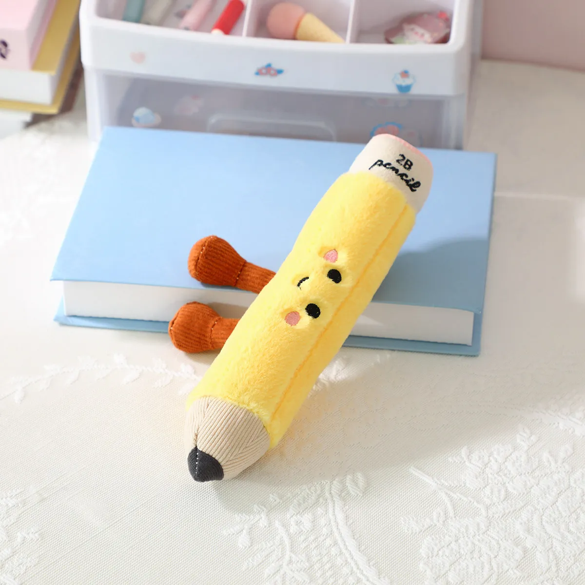 1pc Stationery Plush Toy Smiling Kawaii Face Pencil Book Ruler with Legs Humanoid Doll Decor Plushie Birthday Gift