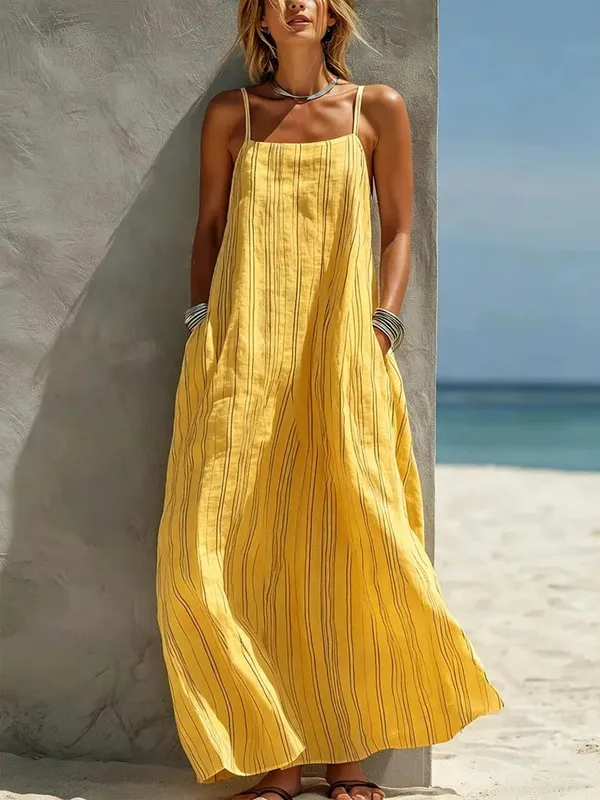 Summer New Striped Casual Camisole Sleeveless Strap Strip Pocket Women Maxi Dress Dresses