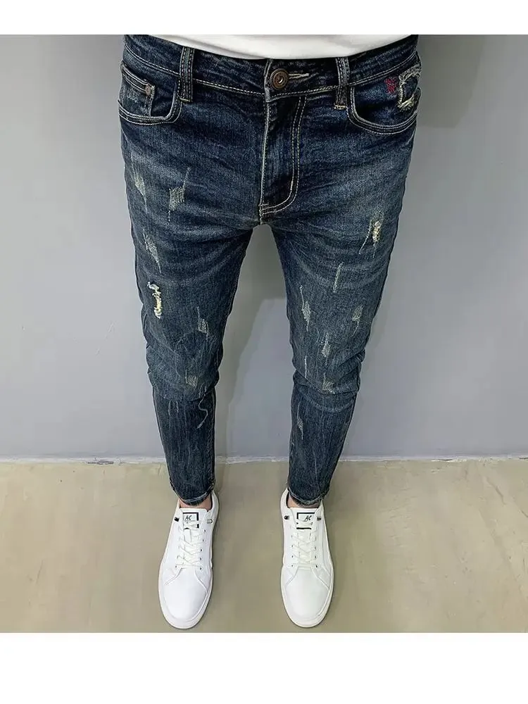 Harajuku Fashion Autumn New Blue Jeans Men's Trendy Brand Scratches Cargo Work Korean Slim-fitting Trousers Luxury Elastic Pants