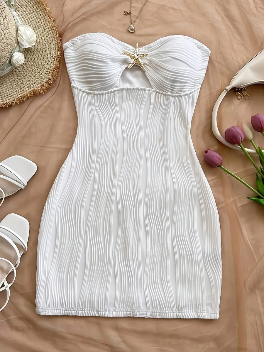 Pambabaeng Summer Sexy Party Date Beach Dress Texture Hollow out Mini Skirt na may Metal Starfish Dekorasyon Nilagyan At Kaakit-akit Wh