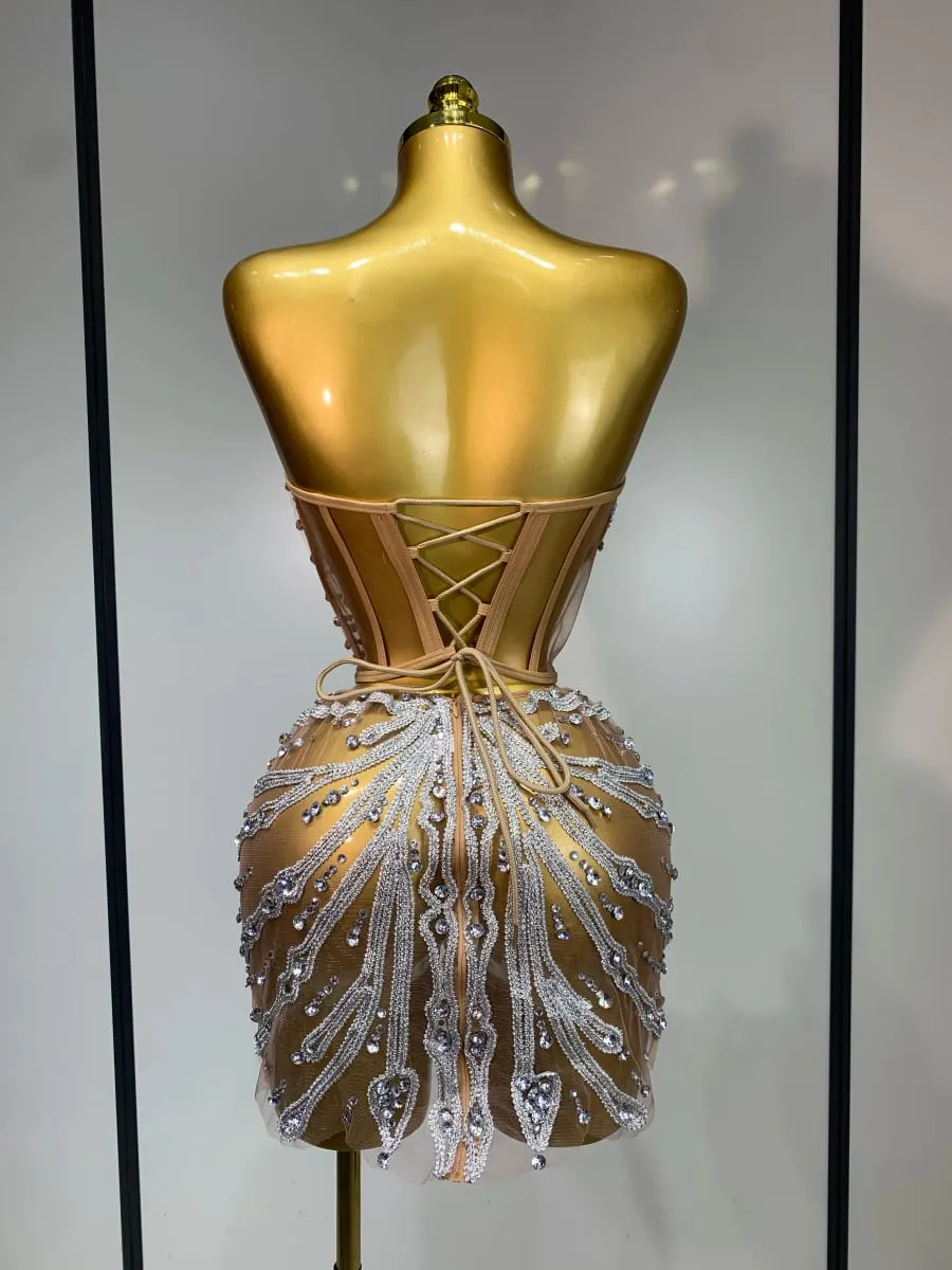 Women Sexy Strapless Rhinestones Mini Dress Performance Costume See Through Stage Dancer Club Evening Party Birthday Dress