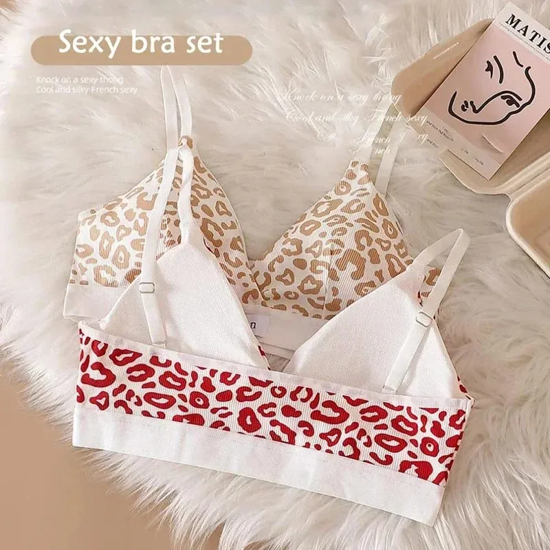 Women Seamless Bra Set Sexy Lingerie Low Waist Panties Leopard Bralette Set Vneck Sport Brassiere Female Cotton Underwear