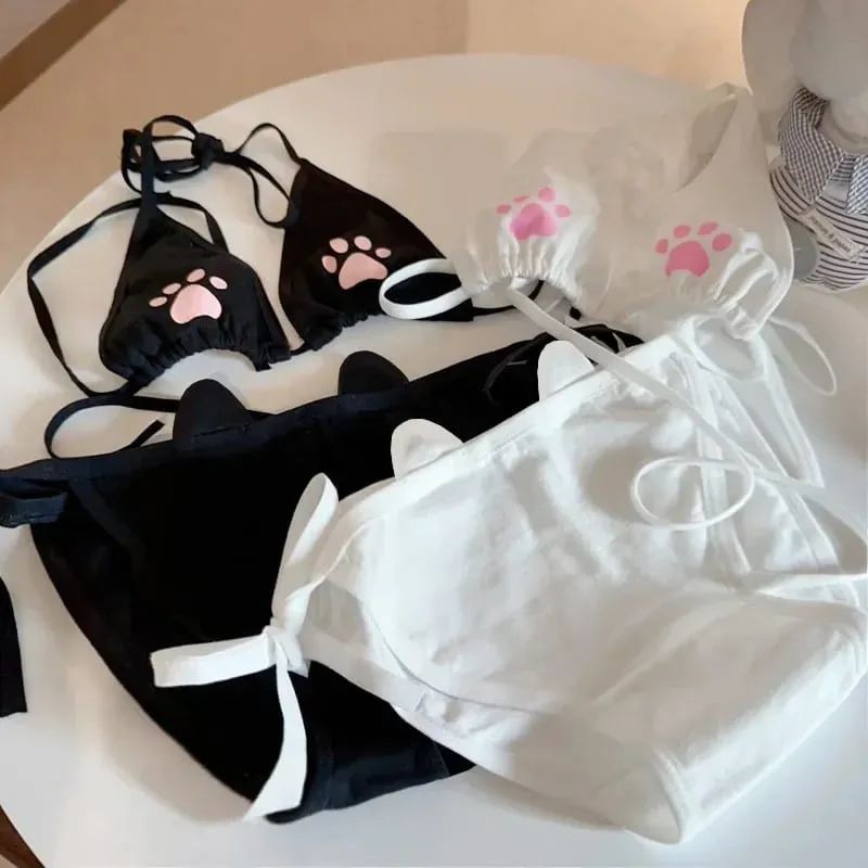Japonský styl Lace Up Dámská sada spodního prádla Bavlna Prodyšná Kawaii Cat Claw Roztomilá sada podprsenky Cosplay Sada kreslených podprsenek Spodní prádlo