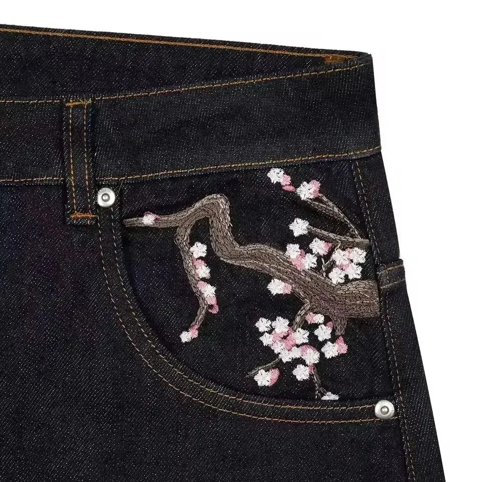 Y2K Vintage Low Waist Hip Hop Cherry Blossom Embroidered Jeans Wide Leg Trousers Clothes Mens Embroidered Baggy Jeans Womes