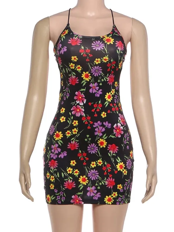 Kliou Flower Print Mini Dress Woman Low-Neck Cross Bandage Backless Sleeveless Skinny Peach Hip Hot Girls Street Style Bodycon