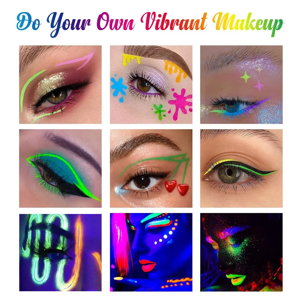 6Pcs Neon Fluorescent UV Glow Eyeliner Waterproof Long Lasting Colorful Liquid Eye Liner Rave Party Halloween Makeup Tools