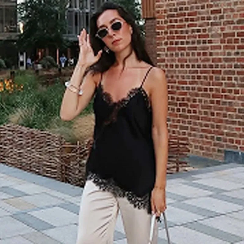 Asymmetrical Slip Top Women Summer 2025 Y2K Tanks & Camis Lace Black Off Shoulder Top Κομψή αμάνικη εξώπλατη καμιζόλα