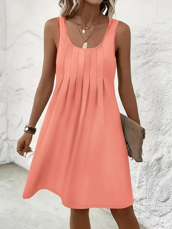 2026 New Casual Women Tank Dresses U Neck Front Pleated Loose Swing Mini Dress Solid Color Soft Summer Beach Daily Wear Robes