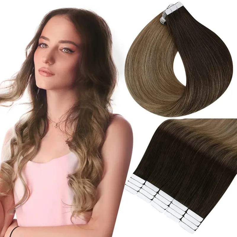 Full Shine Tape in Hair Extensions Human Hair Seamless Silky Straight Skin Weft 20Pcs 50G Add Length for Wedding