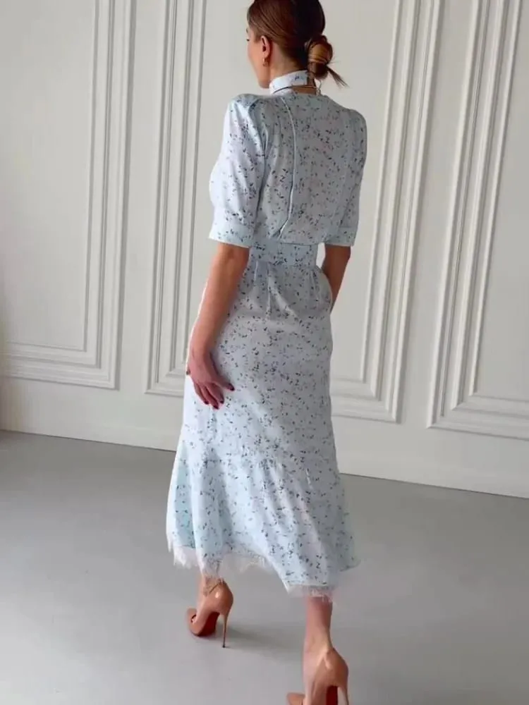 Elegant Lace Trimmed Printed Dress Women Chic Deep V-neck Waist Cinching Split Short Sleeve Maxi Dress Lady Party Vestidos 2026