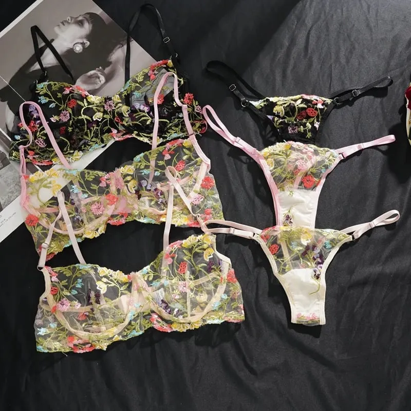 Women's New Sexy Embroidered Floral Lingerie Set Single-Layer Underwire Bra Thong Pants Hollow Transparent Out Lingerie Set