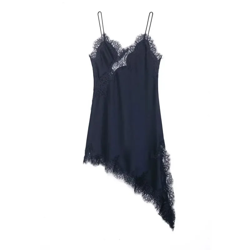 HH Women Elegant Asymmetry Hem Solid Dress Sleeveless Backless V Neck Fashion Dresses Female Sexy Lace splicing Mini Beach Dress