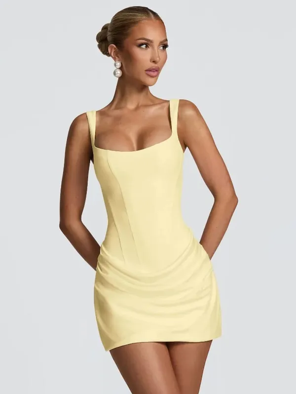Brown Wide Strap Pleated Hem Dresses Women's Sexy Sleeveless Slim Fit Chic Mini Gown 2025 New Lady Summer Holiday Party Vestidos