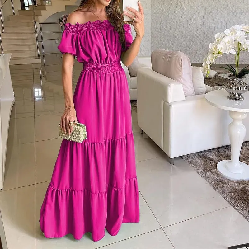 2025 Estate Solid Boho Dress Donna Moda Elegante Beach Party Dress Casual Slash Neck Ufficio Maxi Abiti per la donna Robe Femme