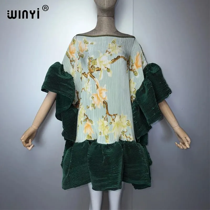 Women's Pleated Elastic Casual Short Dress Beach Cover up Kaftan Abaya Dubai Luxury Evening Wear Muslim Fashion