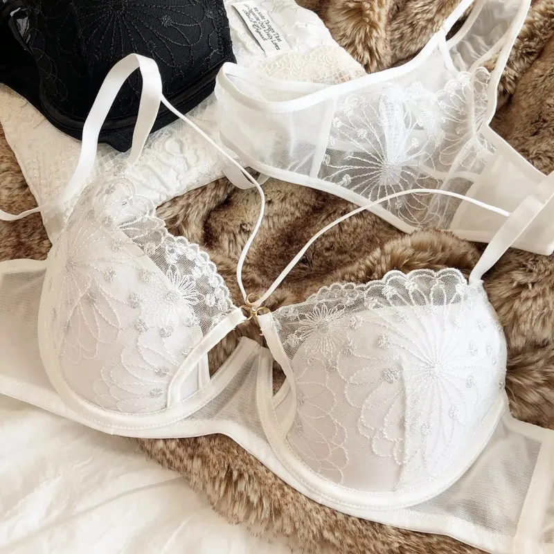 Sexy Hollow Cross Sling Bra French Lace Flowers Embroidery Women Underwear Set Comfort Thin Cup Push Up Bras Romantic Lingerie