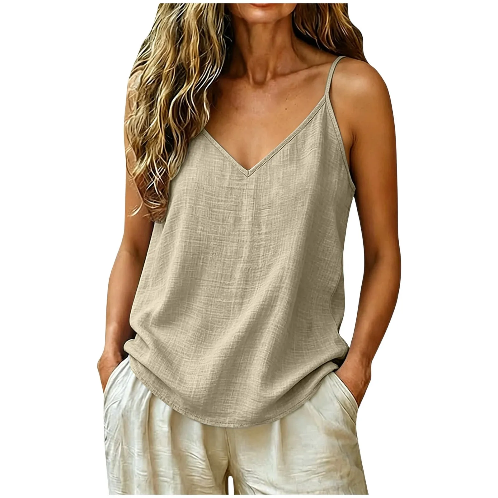Women Cotton Linen Spaghetti Strap Tank Top V Neck Solid Color Loose Fit Lightweight Casual Sleeveless Camisole Summer Beach Top