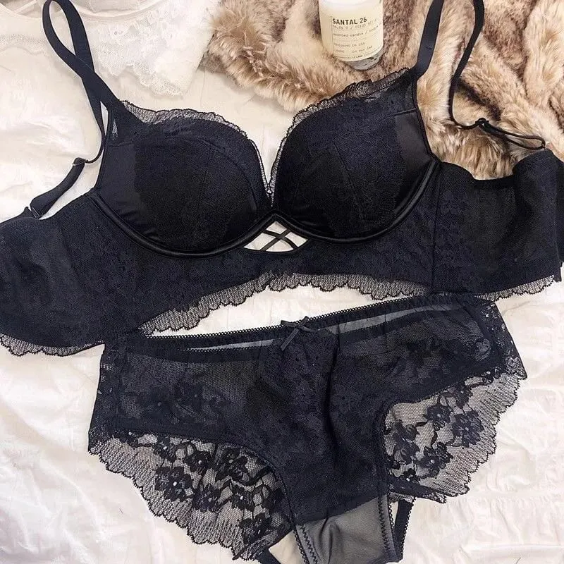 Lenceria Para Damas weiße Spitzen-BH- und Höschen-Sets für Damen, Push-Up, drahtlos, nahtloses Dessous-Set, schwarze, ausgehöhlte Unterwäsche
