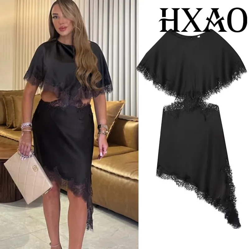 Cut Out Black Dress Woman Asymmetrical Lace Midi Dress Cape Sleeve Elegant Party Dresses Women Sexy Luxury Cocktail Dress