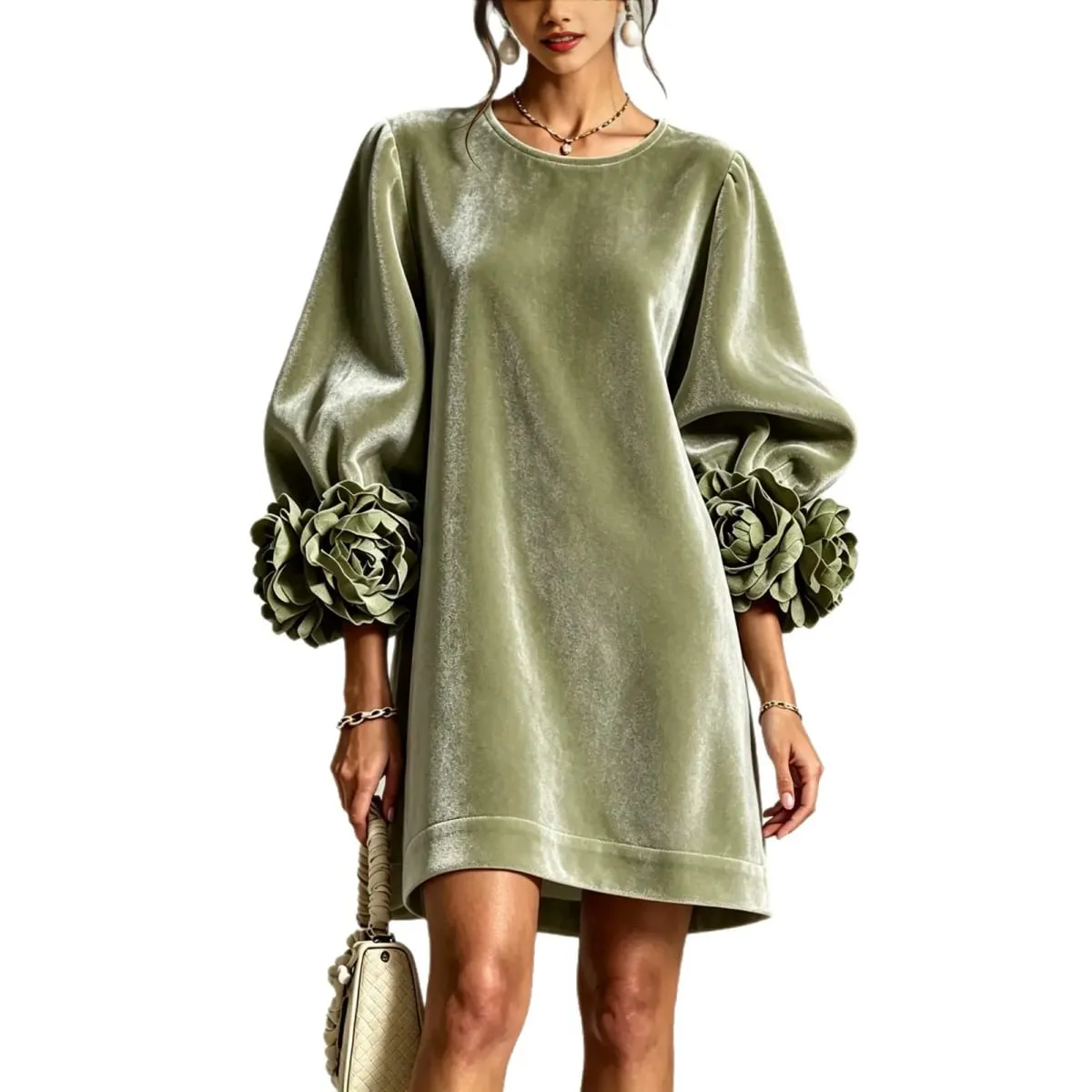 Autumn Winter Women Velvet Mini Dress O Neck Puff Long Sleeve 3D Flower Cuff Decor Loose Casual Hot Hit Fashion Short Dresses