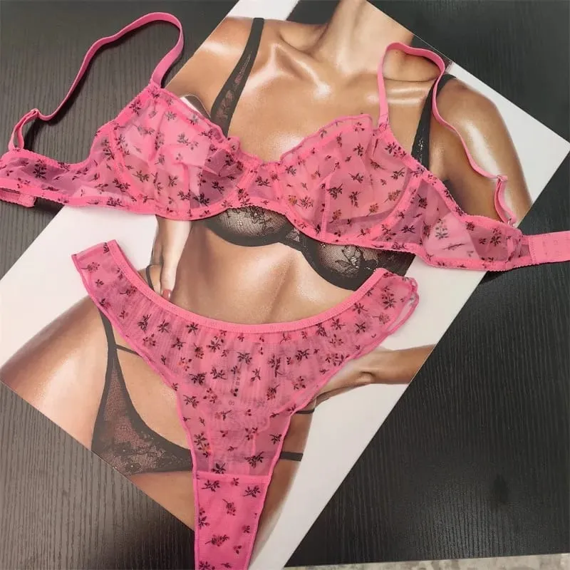 Women Floral Print Lace Lingerie Set French Ultra Thin Breathable Soft Bralette Intimate Underwear