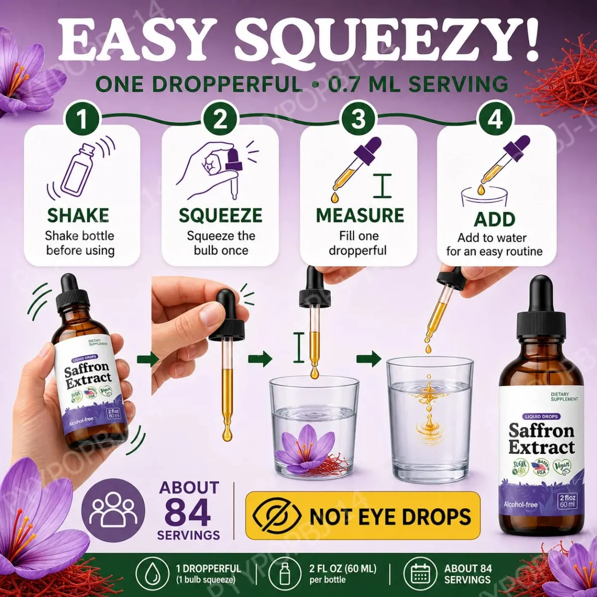 Organic Saffron Liquid Extract Drops Plant Based Herbal Supplement Vegan Sugar Alcohol Free 60ml Daily Health Supplements
