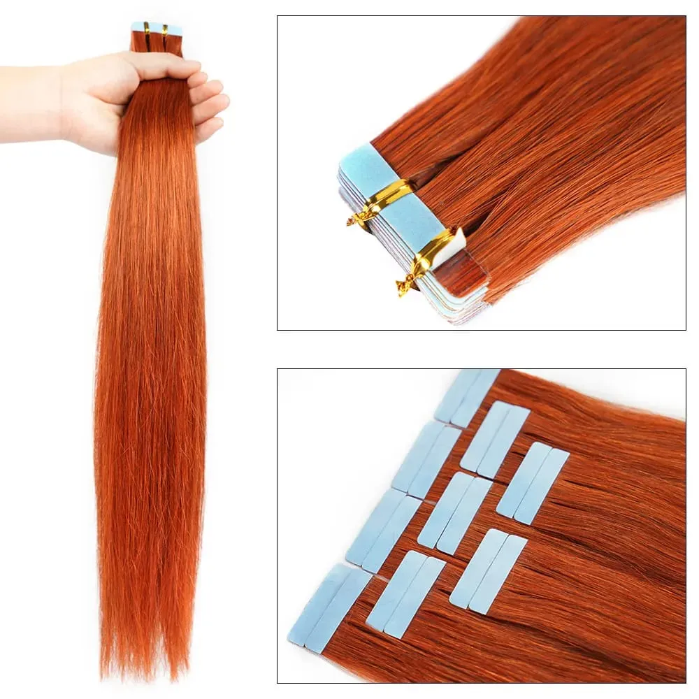 Veravicky #350 Tape in Hair Extensions Remy Human Hair Permanent Pre-taped Invisible Skin Weft Hairpieces Copper Red 20pcs/50G