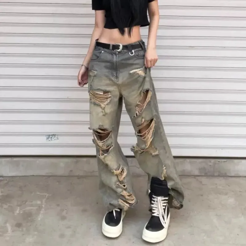 Men's Jeans Relaxed Fit Distressed Ripped Denim Pants Streetwear Summer Man Pants Washed Vintage Wide Leg Holes