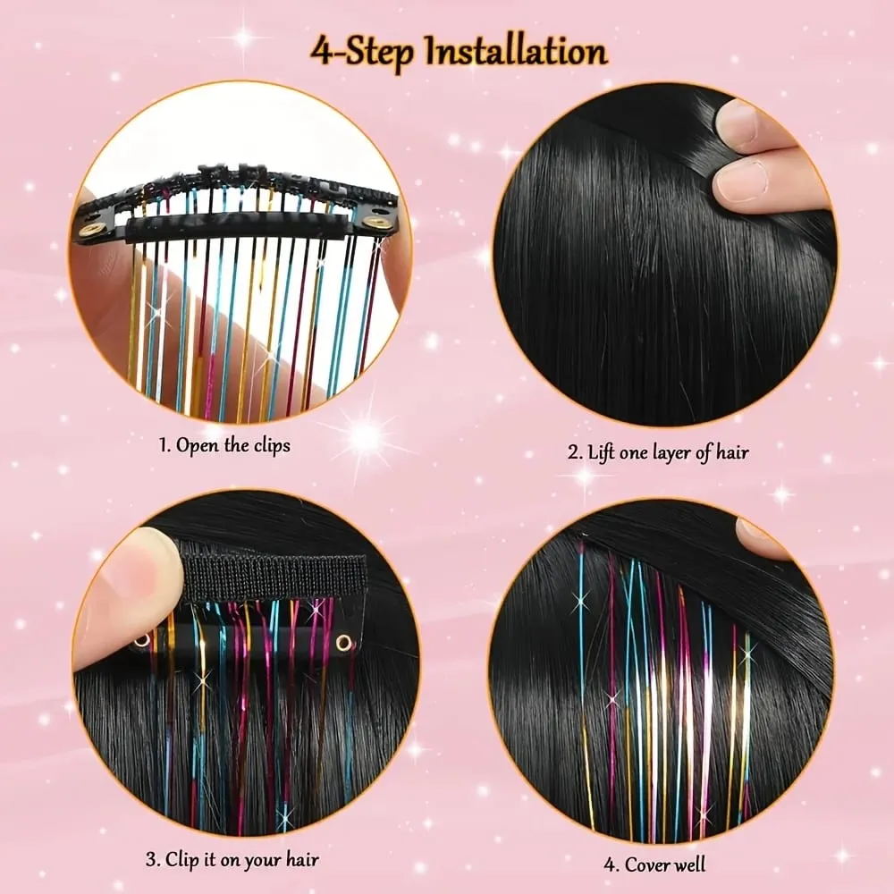 Hair Tinsel Clip in Rainbow Hair Accessories 24 Inch Fairy Hair Tinsel Kit for Women Glitter Extensions Synthetic for Christmas