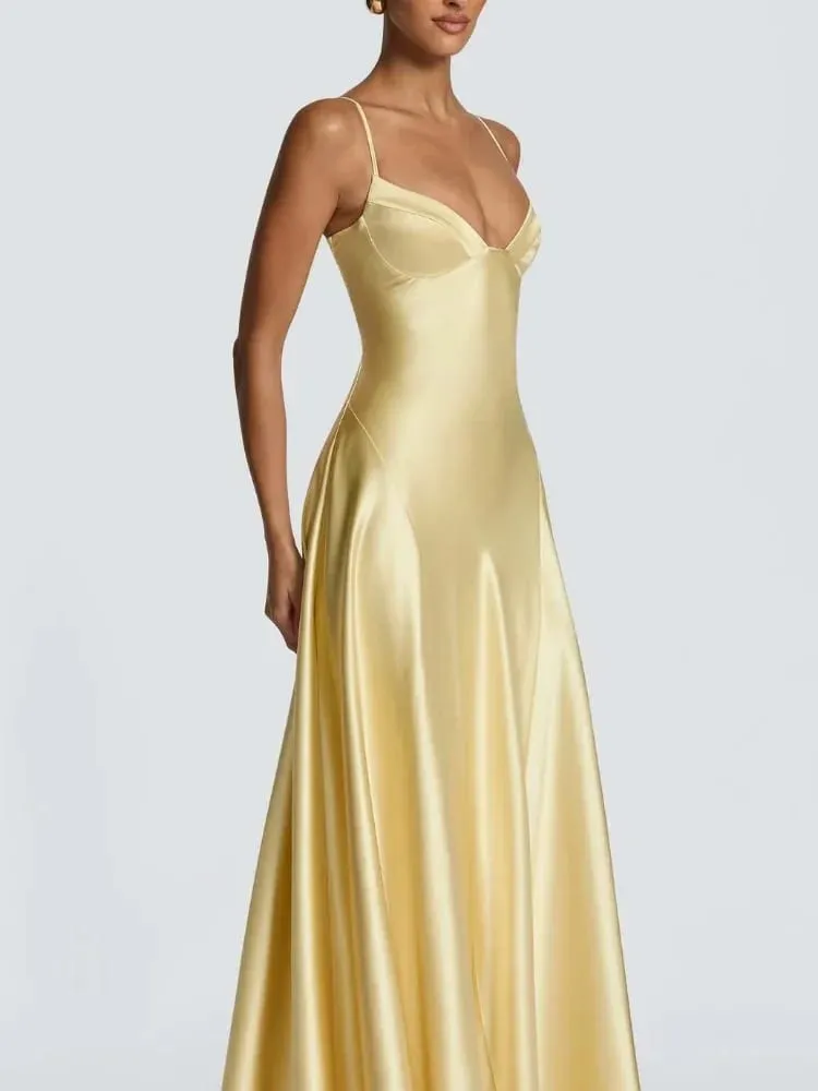 Butter Yellow Women Satin Slip Maxi Dress Elegant Spaghetti Strap A-line V Neck Waist-cinching Summer Lady Formal Evening Gown — image 1
